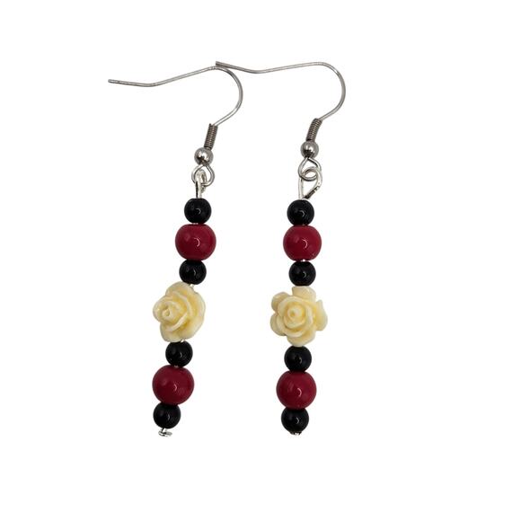Handmade Cream Carved Rose, Black Amethyst & Red Coral Dangle Earrings 2.5" - Picture 1 of 9
